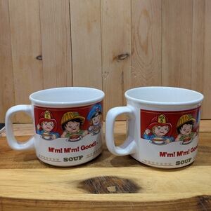 Vintage Soup Mugs - White with Red Accents